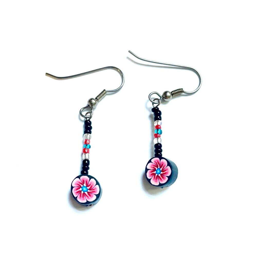 Fimo Clay Pink Flower Beaded Dangle Earrings